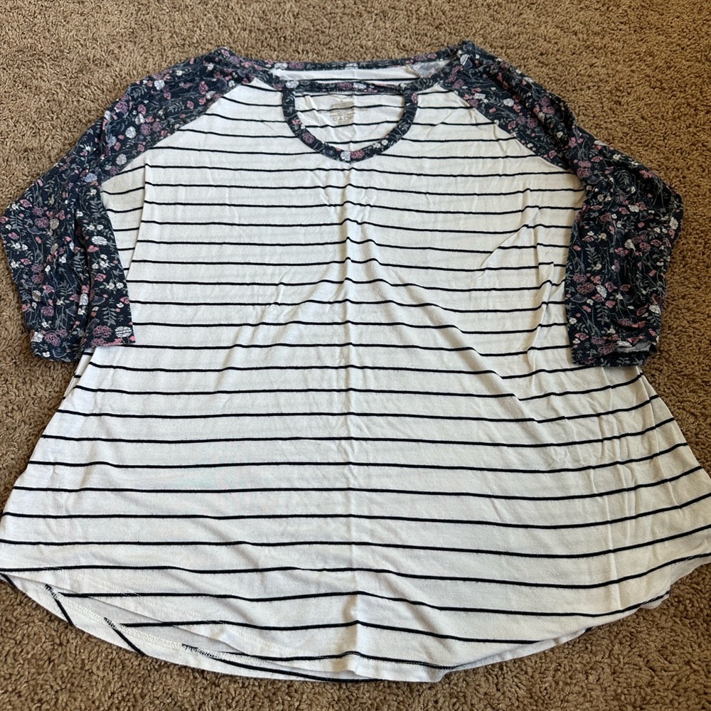 Maurices Striped Long Sleeve Top with Floral Accents